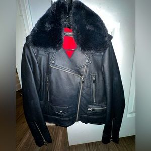 Pebbled Leather Moto Jacket w/ zip detail and detachable black faux fur collar